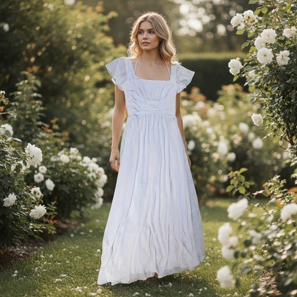 White Chiffon Maxi Dress 18 Flutter Sleeve Back Zip & Tie Lined Angelcore NWT